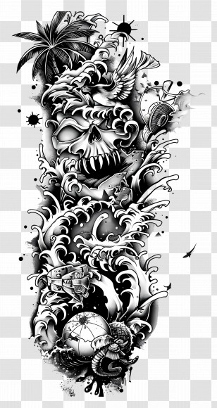Sleeve Tattoo - Skull And Waves Tattoo Design Transparent PNG