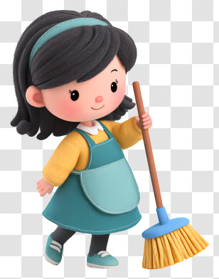 Little Girl Cleaning Floor - Cartoon Girl Holding A Broom Transparent PNG