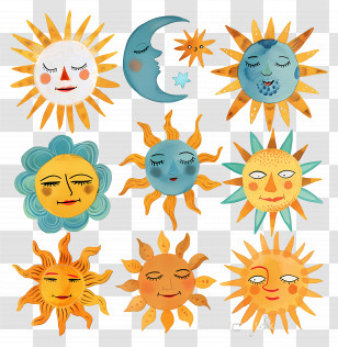 Sun - Artistic Faces Of Sun And Moon In Celestial Design Transparent PNG