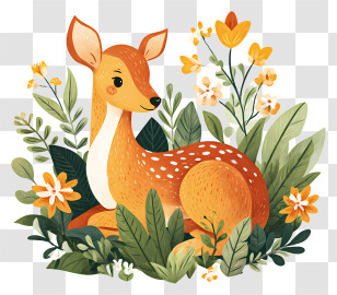 Fawn In Forest - Deer In Floral Setting Transparent PNG