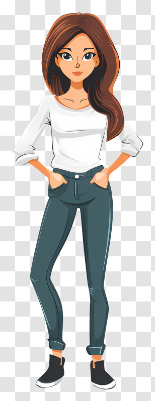 Slim Woman Cartoon - Casual Woman In White Shirt And Jeans Transparent PNG