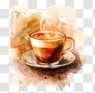 Espresso Coffee - Steaming Cup Of Coffee On Saucer In Watercolor Style Transparent PNG
