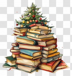 Book Pile - Books Stack Decorated With Christmas Tree And Ornaments Transparent PNG