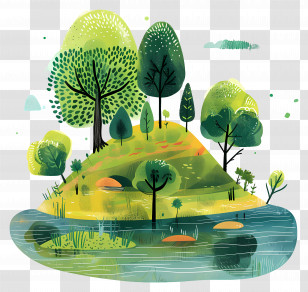 Summer Park - Illustrated Forest And River Scenery Transparent PNG