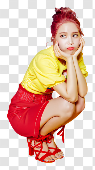 Kpop - Yellow Top And Red Skirt Outfit Transparent PNG