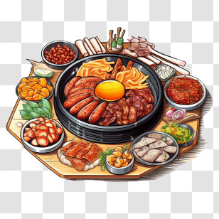 Korean Food - Korean BBQ Platter With Grilled Meat And Side Dishes Transparent PNG