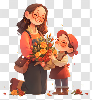 Mother Day - Mother And Child With Bouquet Transparent PNG