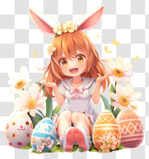 Anime - Girl With Bunny Ears And Easter Eggs Surrounded By Flowers Transparent PNG