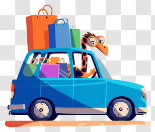 Blue Car - Giraffe Driving A Car With Shopping Bags Transparent PNG