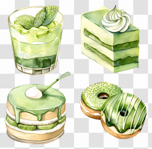 Matcha Desserts - Green Matcha Desserts And Pastries Illustration Transparent PNG