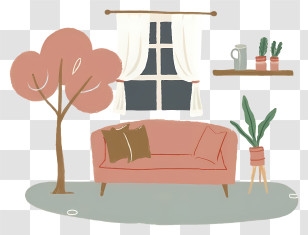 Pink Couch - Cozy Living Room With Sofa And Plants Transparent PNG