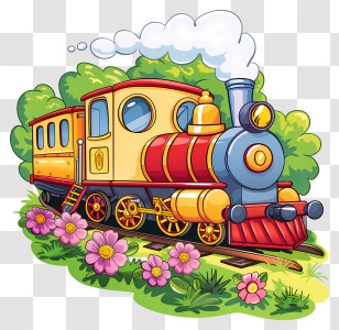 Spring Field - Colorful Cartoon Train In A Scenic Setting Transparent PNG