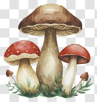 Mushroom Art - Three Watercolor Mushrooms In Detailed Art Transparent PNG