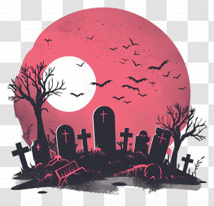 Zombie Cemetery - Graveyard Under Full Moon Halloween Scene Transparent PNG