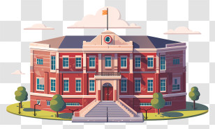 Large Brick Building - Red Brick School Building With Staircase And Landscaping Transparent PNG
