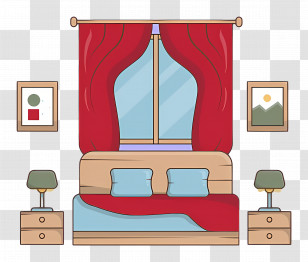 Queen Bed - Cozy Bedroom With Red Curtains Transparent PNG