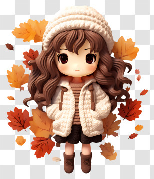Illustration - Cute Doll With Autumn Leaves Transparent PNG