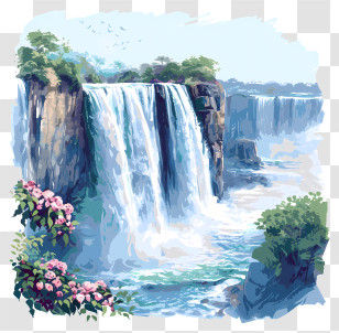 Victoria Falls - Beautiful Waterfall Painting With Floral Accents Transparent PNG