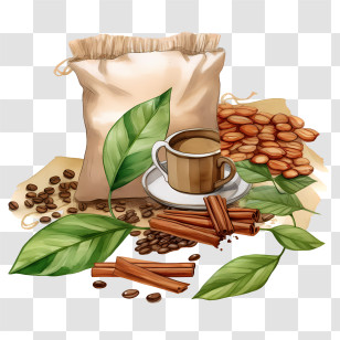 Coffee Beans Bag - Coffee Beans With Cup And Cinnamon Sticks Transparent PNG