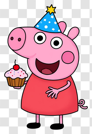 Peppa Pig Holding Cupcake - Pink Cartoon Pig With Cupcake And Party Hat Transparent PNG
