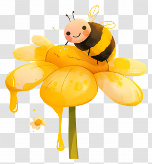 Cartoon Bee - Cute Bee On Yellow Flower With Honey Transparent PNG