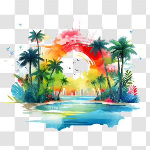 National Beach Day - Vibrant Tropical Beach Illustration With Palm Trees Transparent PNG