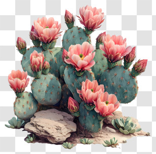 Cactus - Pink Flowers Blooming On Cactus Plant Transparent PNG