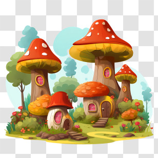 Mushroom House - Red-Roof Mushroom Cottages In A Fantasy Forest Transparent PNG