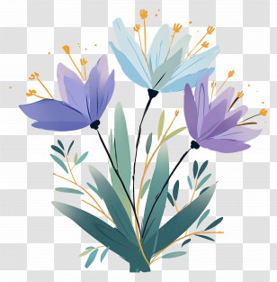 Crocus Flowers - Stylized Purple And Blue Flowers With Leaves Transparent PNG