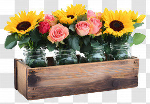 Flower Mason - Sunflowers And Roses In Mason Jars Transparent PNG