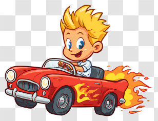 Boy Driving Toy Car - Blonde Boy Driving Red Car With Flames Transparent PNG