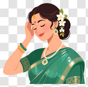 Vintage 1960s India Woman - Woman With Floral Hair In Green Sari Transparent PNG