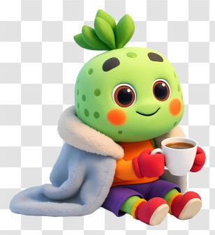 Plant Mascot Enjoying Winter - Cozy Sprout Character With Cup Transparent PNG