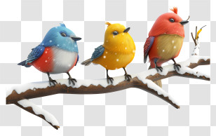 Shivering Birds - Colorful Birds Sitting On A Snowy Branch Transparent PNG
