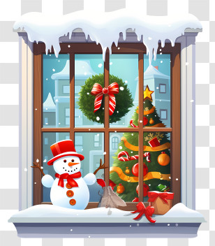 Snowy Window Scene - Festive Christmas Window Scene Illustration Transparent PNG
