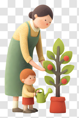Mother With Child Planting Tree - Mother And Child Gardening Transparent PNG