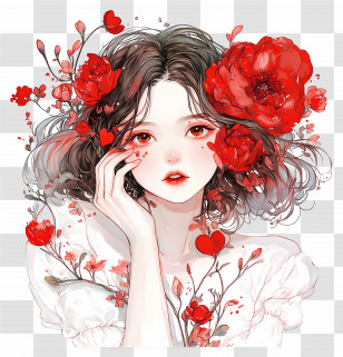 Cute Valentine - Artistic Girl With Red Flowers Transparent PNG