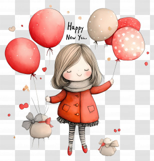 Happy New Year - Girl With Balloons For New Year Transparent PNG