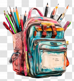 Back To School - Colorful Backpack With Stationery Transparent PNG