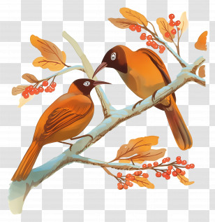 Tree With Birds - Two Birds Perched On A Berry Branch Transparent PNG