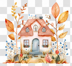 Autumn House - Small Watercolor Cottage With Autumn Leaves Transparent PNG