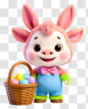 Cow Mascot Celebrating Easter Day - Pink Easter Bunny With Eggs Transparent PNG