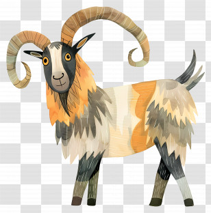 Cartoon Goat - Cartoon Goat With Large Curved Horns Transparent PNG