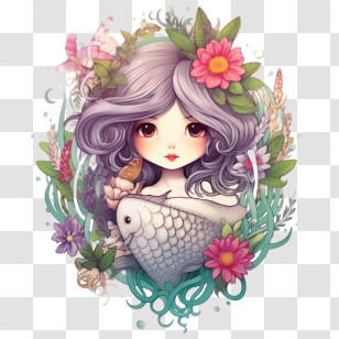 Mermaid - Cartoon Girl With Fish And Flowers Illustration Transparent PNG