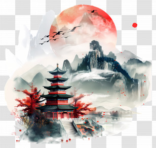 China Travel - Japanese Temple With Red Sun Illustration Transparent PNG