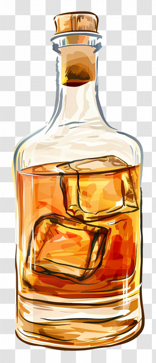 Alcohol - Whiskey Bottle With Ice Cubes Illustration Transparent PNG