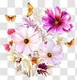 Decorative Paintings - Colorful Cosmos Flowers And Fluttering Butterflies Transparent PNG