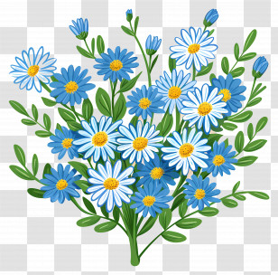 Daisy Flowers - Blue Daisies With Green Leaves Transparent PNG