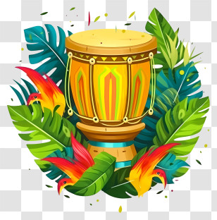 Conga Drum - Artistic Tropical Drum With Parrots And Greenery Transparent PNG