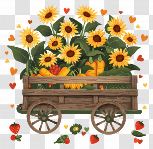 Sunflowers - Sunflowers And Vegetables In Rustic Wagon Transparent PNG